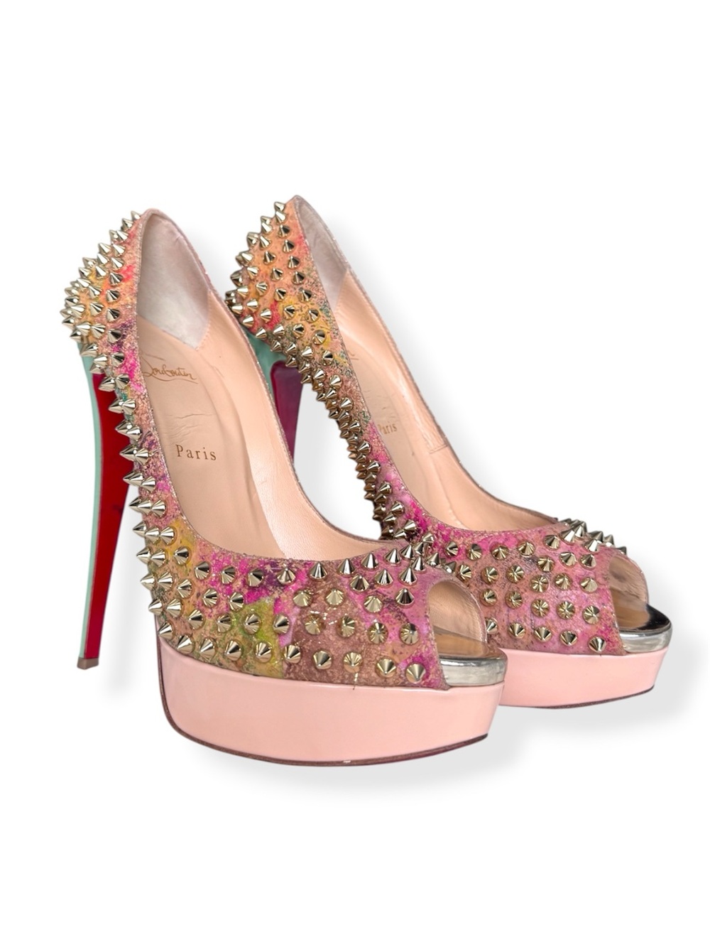 Christian Louboutin Lady Peep Spikes Multicolor Peep-Toe Platform Pumps 150